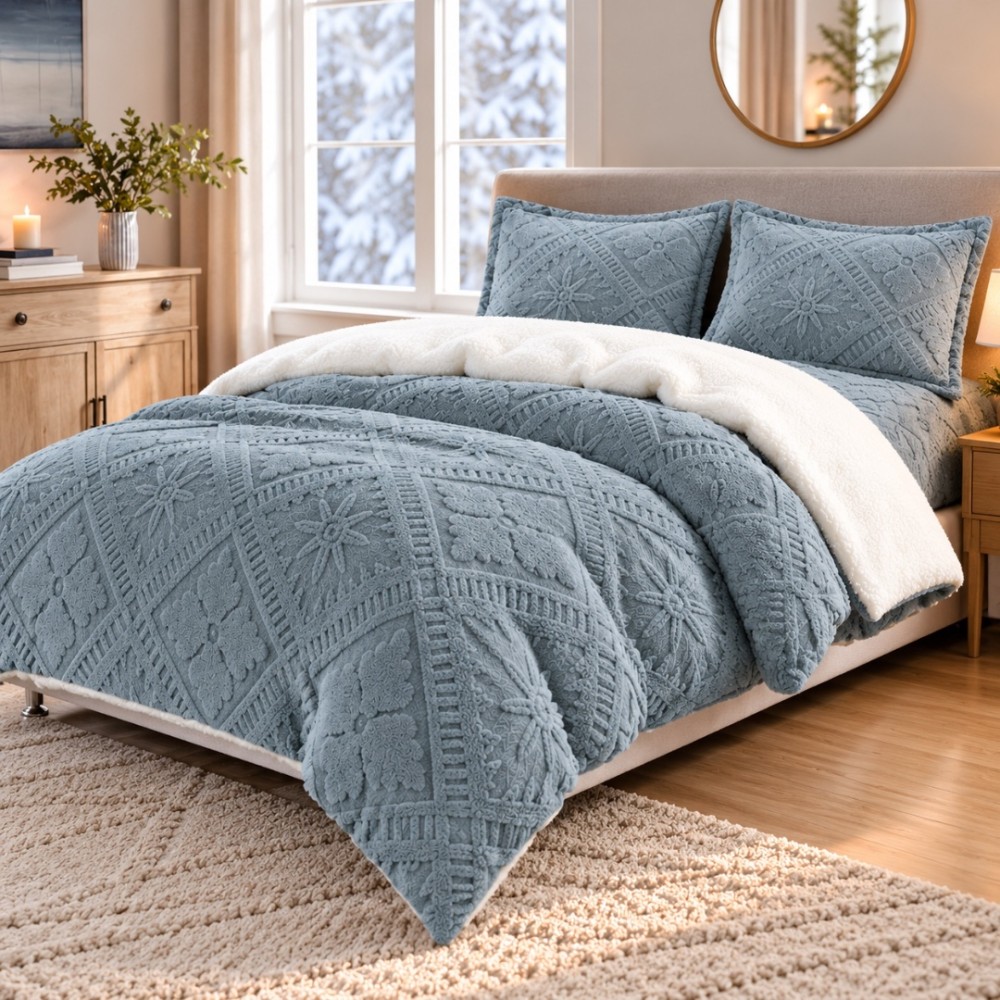 Lenjerie de Pat Dublu, CoCoLiNo Ultra Pufoasa, cu Blanita Sherpa Alba, 4 piese, Cearsaf cu ELASTIC, Model Traditional 3D, Gri albastrui — imaginea 3