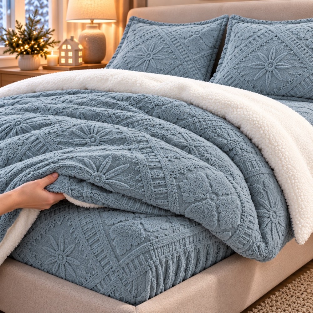 Lenjerie de Pat Dublu, CoCoLiNo Ultra Pufoasa, cu Blanita Sherpa Alba, 4 piese, Cearsaf cu ELASTIC, Model Traditional 3D, Gri albastrui — imaginea 4