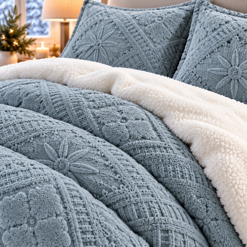 Lenjerie de Pat Dublu, CoCoLiNo Ultra Pufoasa, cu Blanita Sherpa Alba, 4 piese, Cearsaf cu ELASTIC, Model Traditional 3D, Gri albastrui — imaginea 5