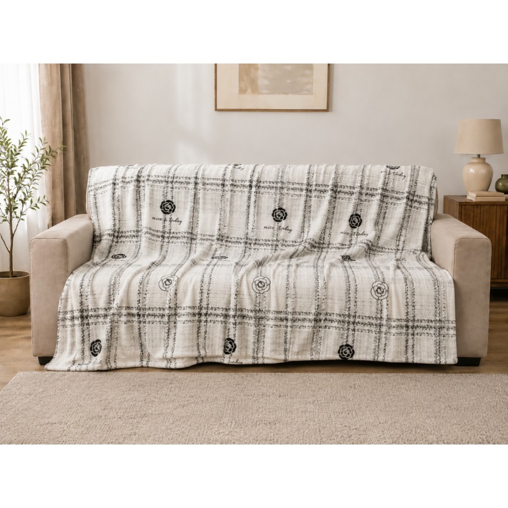 Patura pufoasa cocolino 200x230cm, 240g/mp, Gri, Alb, dungi, trandafiri — imaginea 2