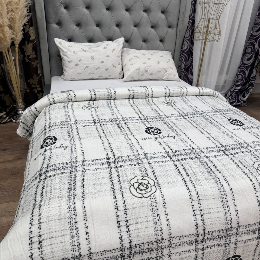 Patura pufoasa cocolino 200x230cm, 240g/mp, Gri, Alb, dungi, trandafiri — imaginea 7