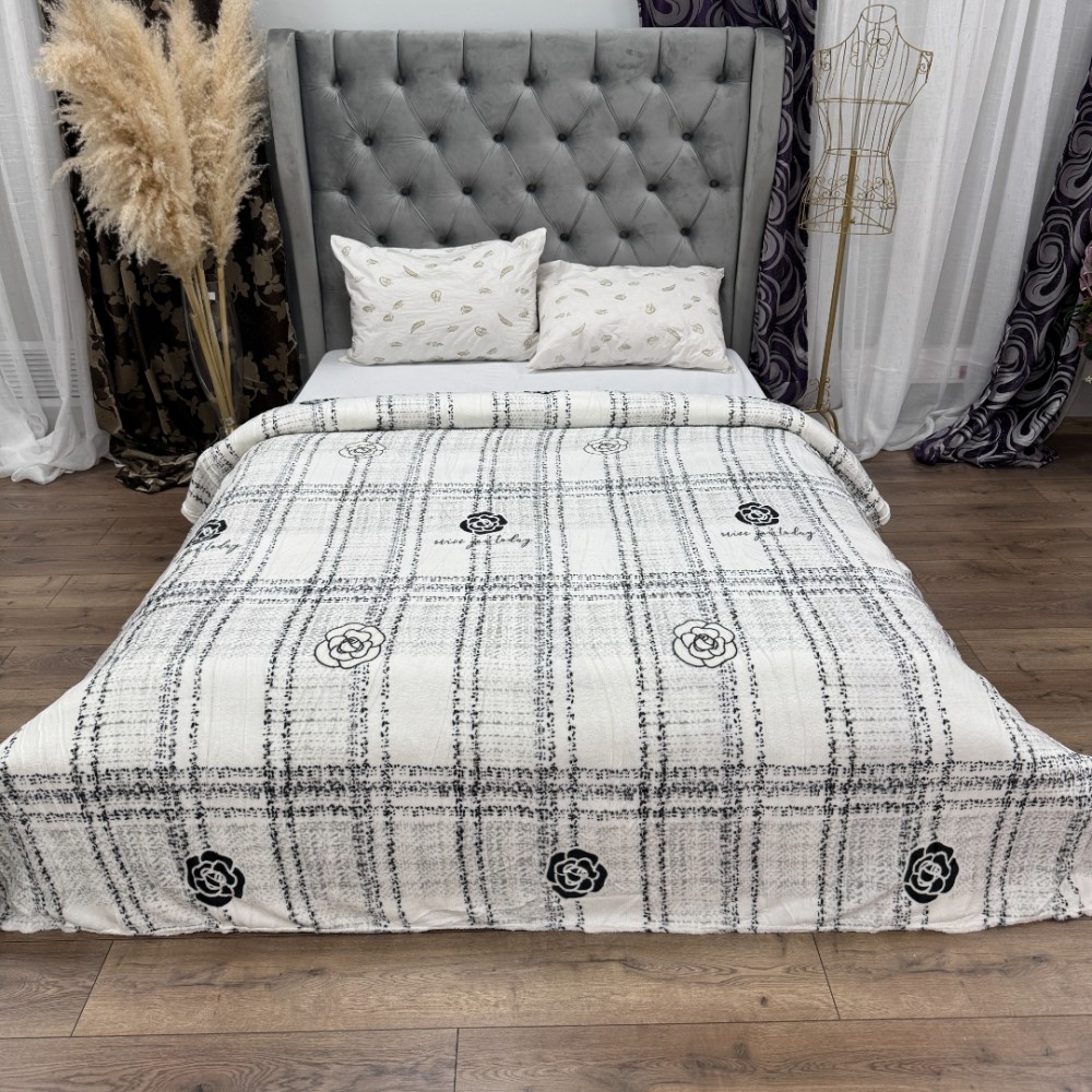 Patura pufoasa cocolino 200x230cm, 240g/mp, Gri, Alb, dungi, trandafiri — imaginea 8