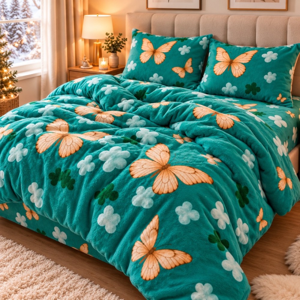 Lenjerie pat dublu, Super Pufoasa COCOLINO, 4 piese, Verde, fluturi — imaginea 3