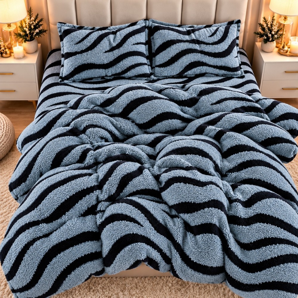 Lenjerie pat dublu, Super Pufoasa COCOLINO Sherpa, cu ELASTIC, 4 piese, Gri Albastrui, Zebra Print — imaginea 2