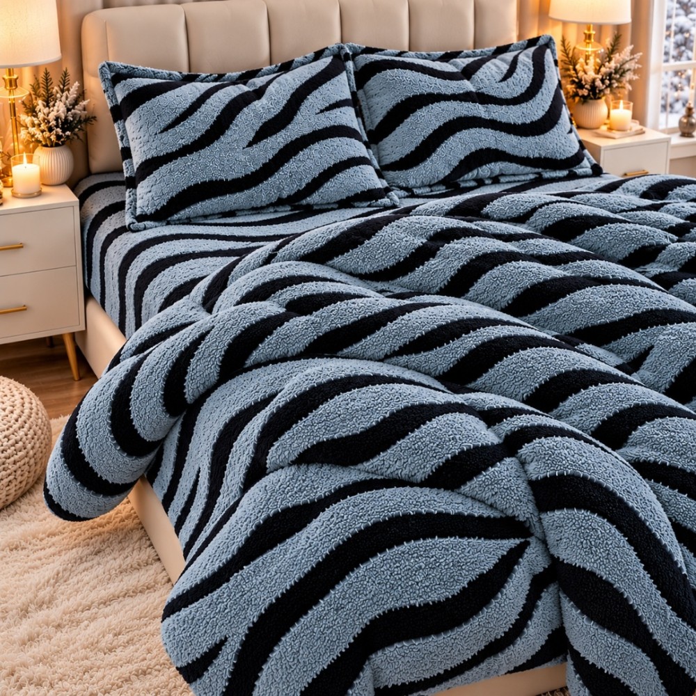 Lenjerie pat dublu, Super Pufoasa COCOLINO Sherpa, cu ELASTIC, 4 piese, Gri Albastrui, Zebra Print — imaginea 3