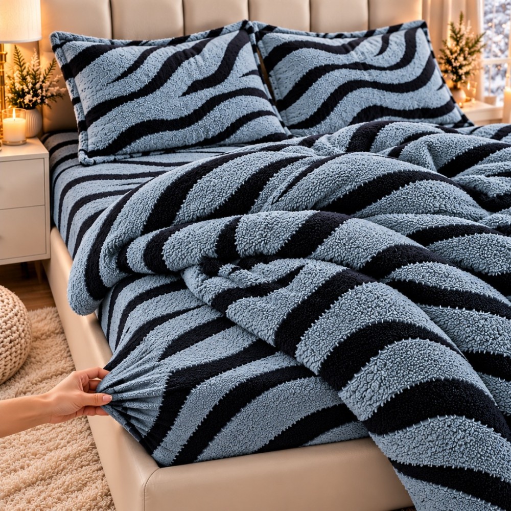 Lenjerie pat dublu, Super Pufoasa COCOLINO Sherpa, cu ELASTIC, 4 piese, Gri Albastrui, Zebra Print — imaginea 5