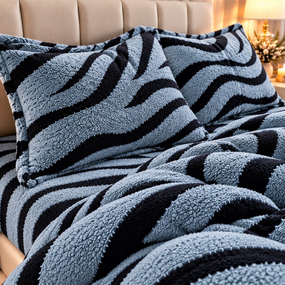 Lenjerie pat dublu, Super Pufoasa COCOLINO Sherpa, cu ELASTIC, 4 piese, Gri Albastrui, Zebra Print — imaginea 6