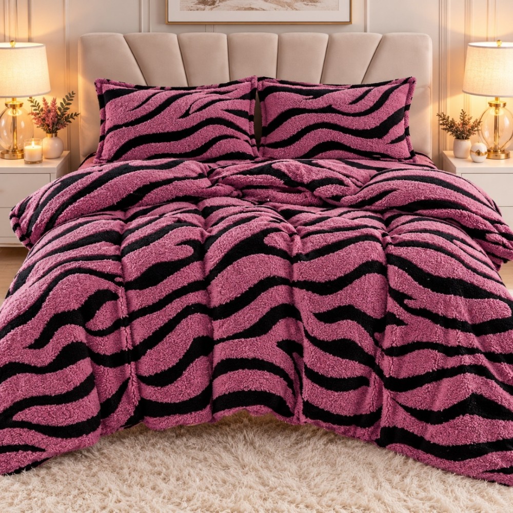 Lenjerie pat dublu, Super Pufoasa COCOLINO Sherpa, cu ELASTIC, 4 piese, Roz inchis, Zebra Print — imaginea 2