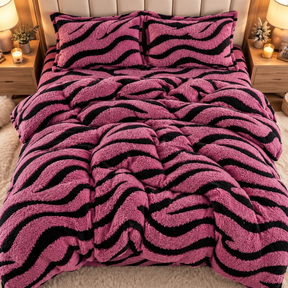 Lenjerie pat dublu, Super Pufoasa COCOLINO Sherpa, cu ELASTIC, 4 piese, Roz inchis, Zebra Print — imaginea 3