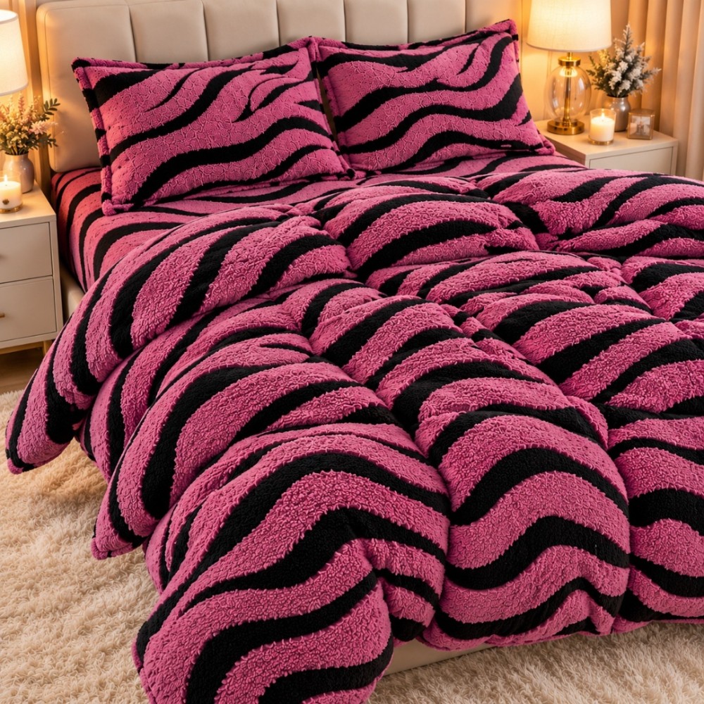Lenjerie pat dublu, Super Pufoasa COCOLINO Sherpa, cu ELASTIC, 4 piese, Roz inchis, Zebra Print — imaginea 4