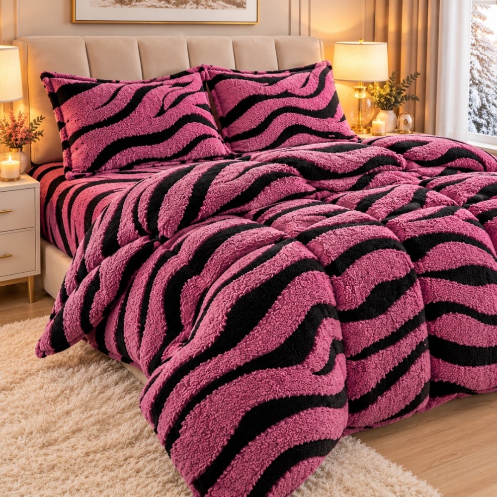 Lenjerie pat dublu, Super Pufoasa COCOLINO Sherpa, cu ELASTIC, 4 piese, Roz inchis, Zebra Print — imaginea 5