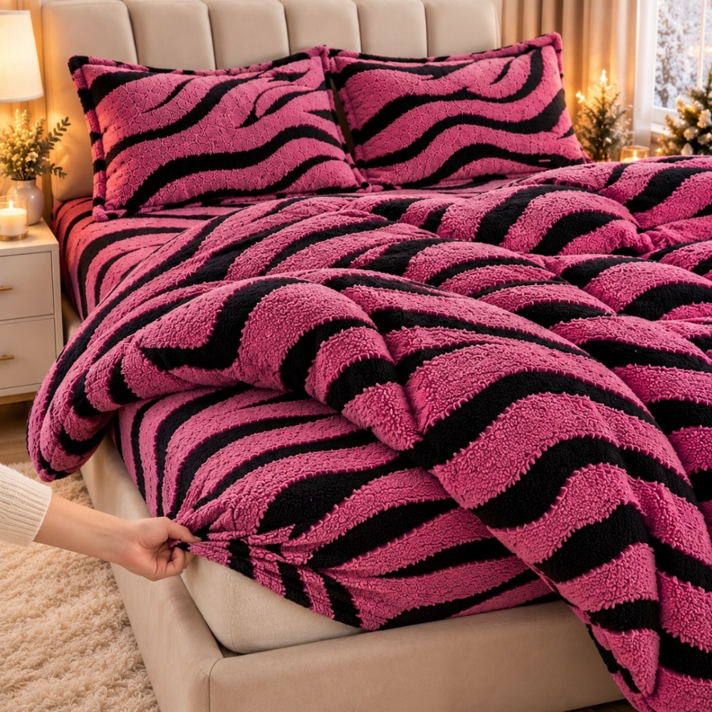 Lenjerie pat dublu, Super Pufoasa COCOLINO Sherpa, cu ELASTIC, 4 piese, Roz inchis, Zebra Print — imaginea 6