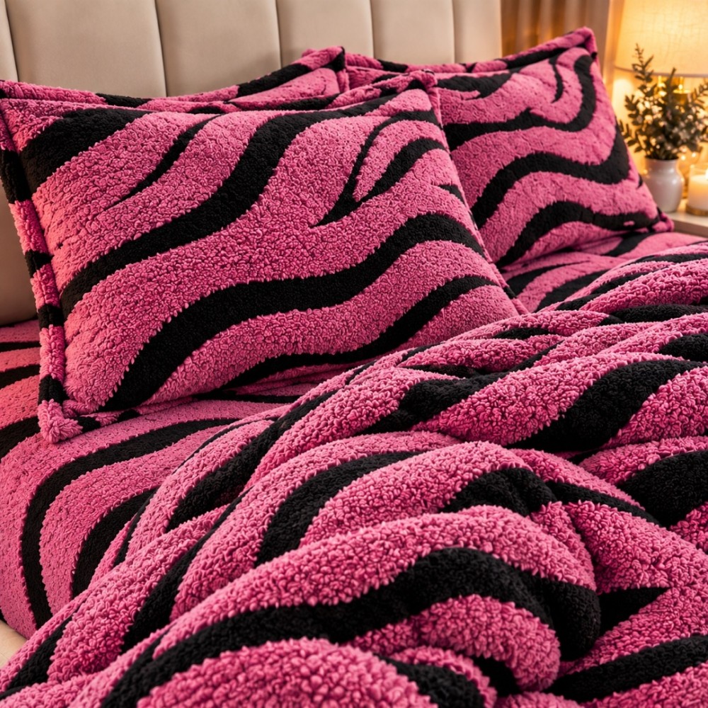 Lenjerie pat dublu, Super Pufoasa COCOLINO Sherpa, cu ELASTIC, 4 piese, Roz inchis, Zebra Print — imaginea 7