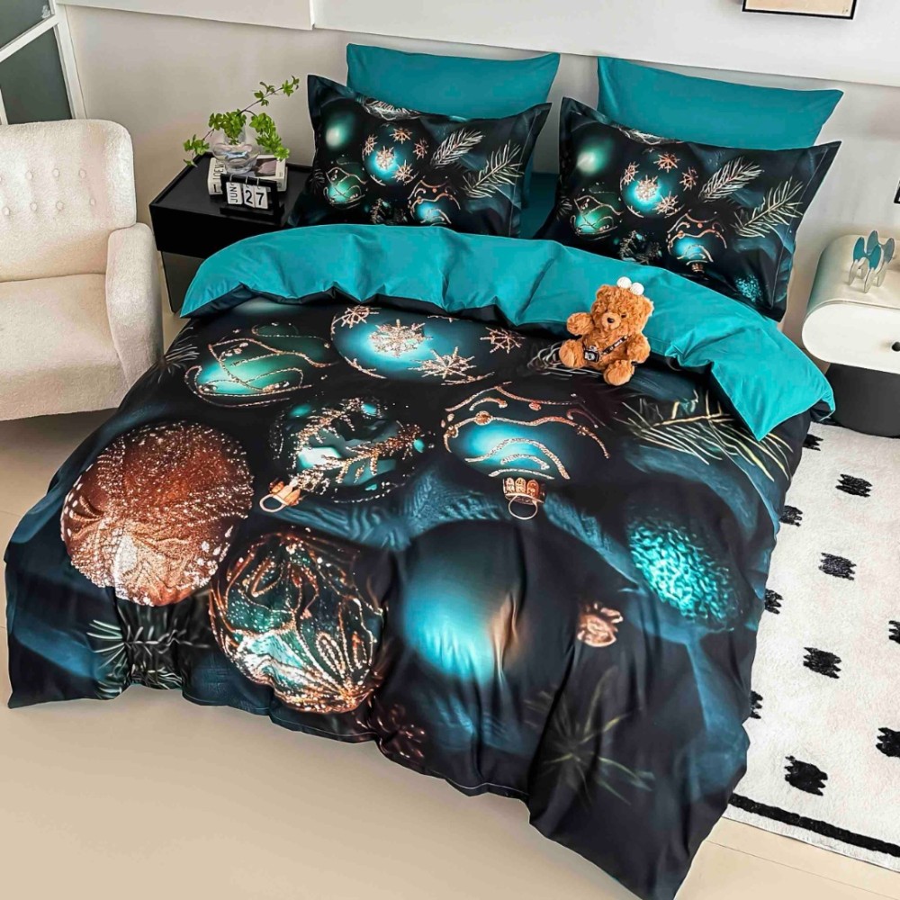 Lenjerie pat dublu, FINET, Imprimeu Digital 5D - Identic cu poza, Cu ELASTIC, 6 piese, Jojo Home, Turquoise, Globulete — imaginea 2