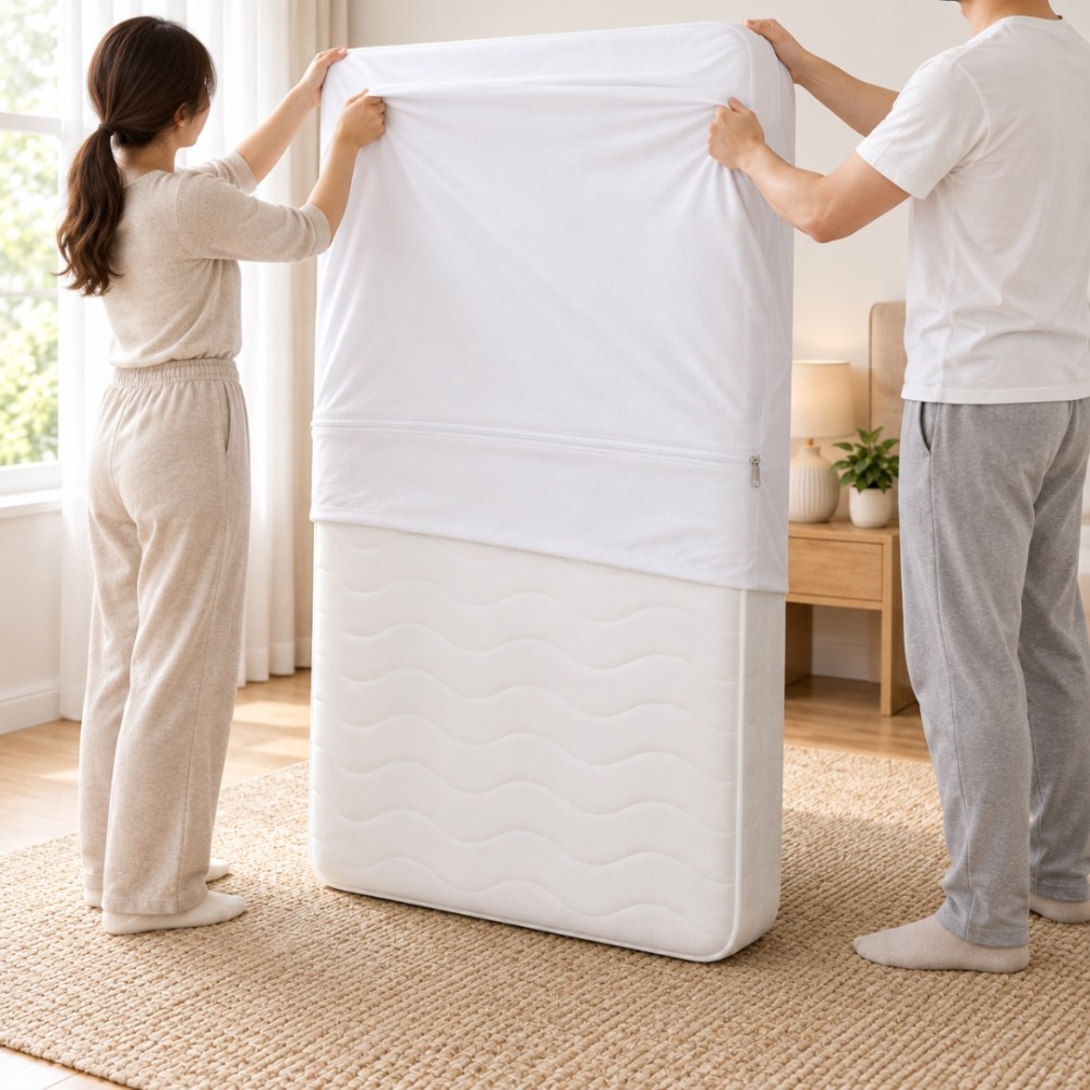 Husa Protectie Saltea Impermeabila cu Fermoar, 90x200 cm, Husa Integrala Antiplosnite, 100% Poliester, Alb — imaginea 3
