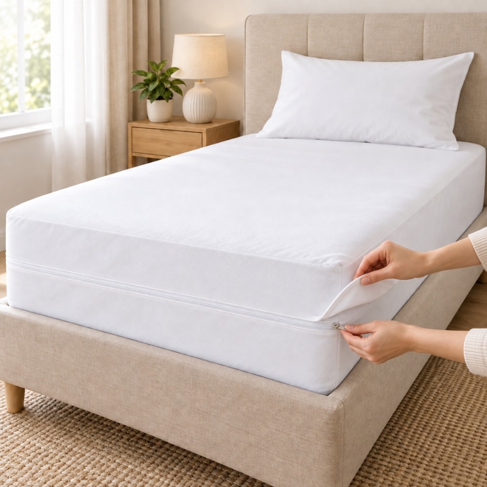 Husa Protectie Saltea Impermeabila cu Fermoar, 90x200 cm, Husa Integrala Antiplosnite, 100% Poliester, Alb — imaginea 4