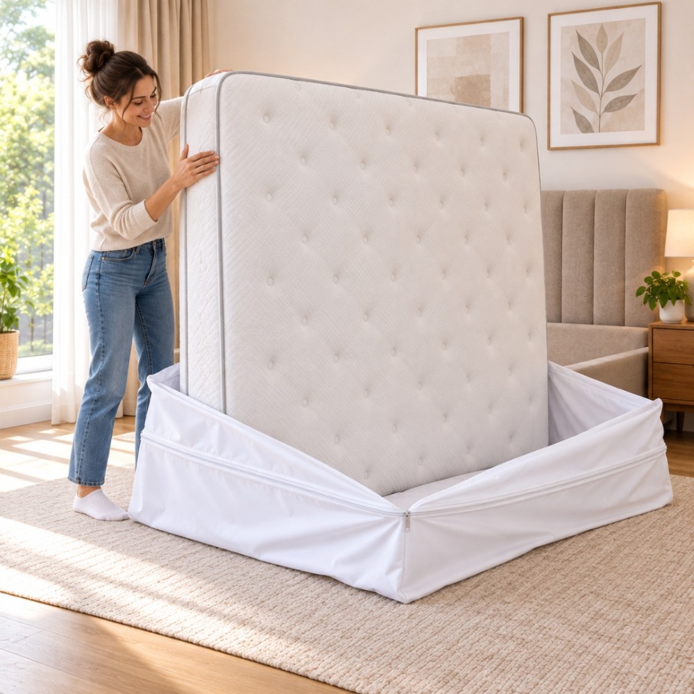 Husa Protectie Saltea Impermeabila cu Fermoar, 180x200 cm, Husa care imbraca salteaua complet, 100% Poliester, Alb — imaginea 3