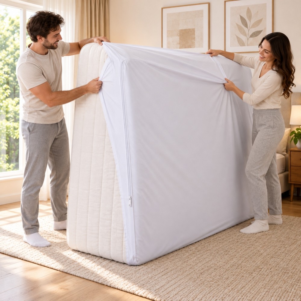 Husa Protectie Saltea Impermeabila cu Fermoar, 180x200 cm, Husa care imbraca salteaua complet, 100% Poliester, Alb — imaginea 4