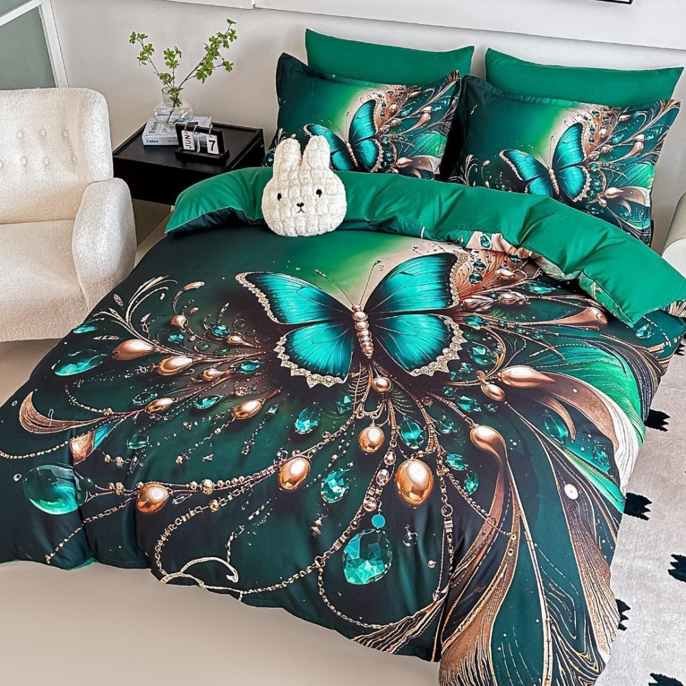 Lenjerie pat dublu, FINET, Imprimeu Digital 5D - Identic cu poza, Cu ELASTIC, 6 piese, Jojo Home, Verde, Fluture — imaginea 2