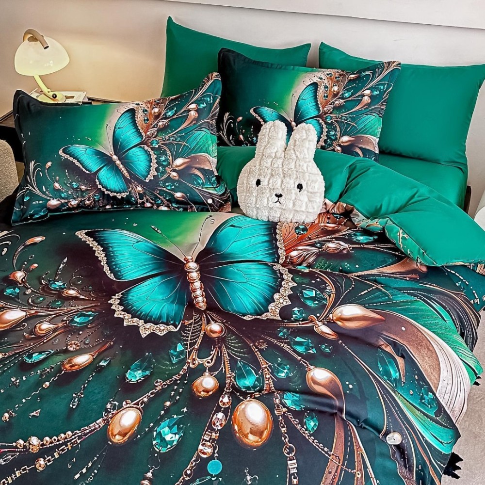 Lenjerie pat dublu, FINET, Imprimeu Digital 5D - Identic cu poza, Cu ELASTIC, 6 piese, Jojo Home, Verde, Fluture — imaginea 3