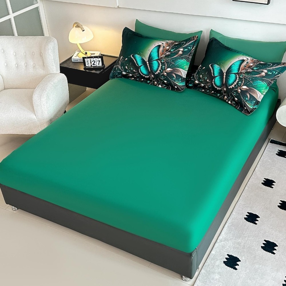 Lenjerie pat dublu, FINET, Imprimeu Digital 5D - Identic cu poza, Cu ELASTIC, 6 piese, Jojo Home, Verde, Fluture — imaginea 4
