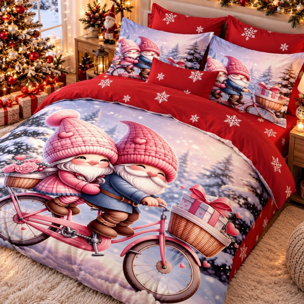 Lenjerie pat dublu, FINET, Imprimeu Digital 5D - Identic cu poza, Cu ELASTIC, 6 piese, Roz, Rosu, Gnomi pe Bicicleta — imaginea 2