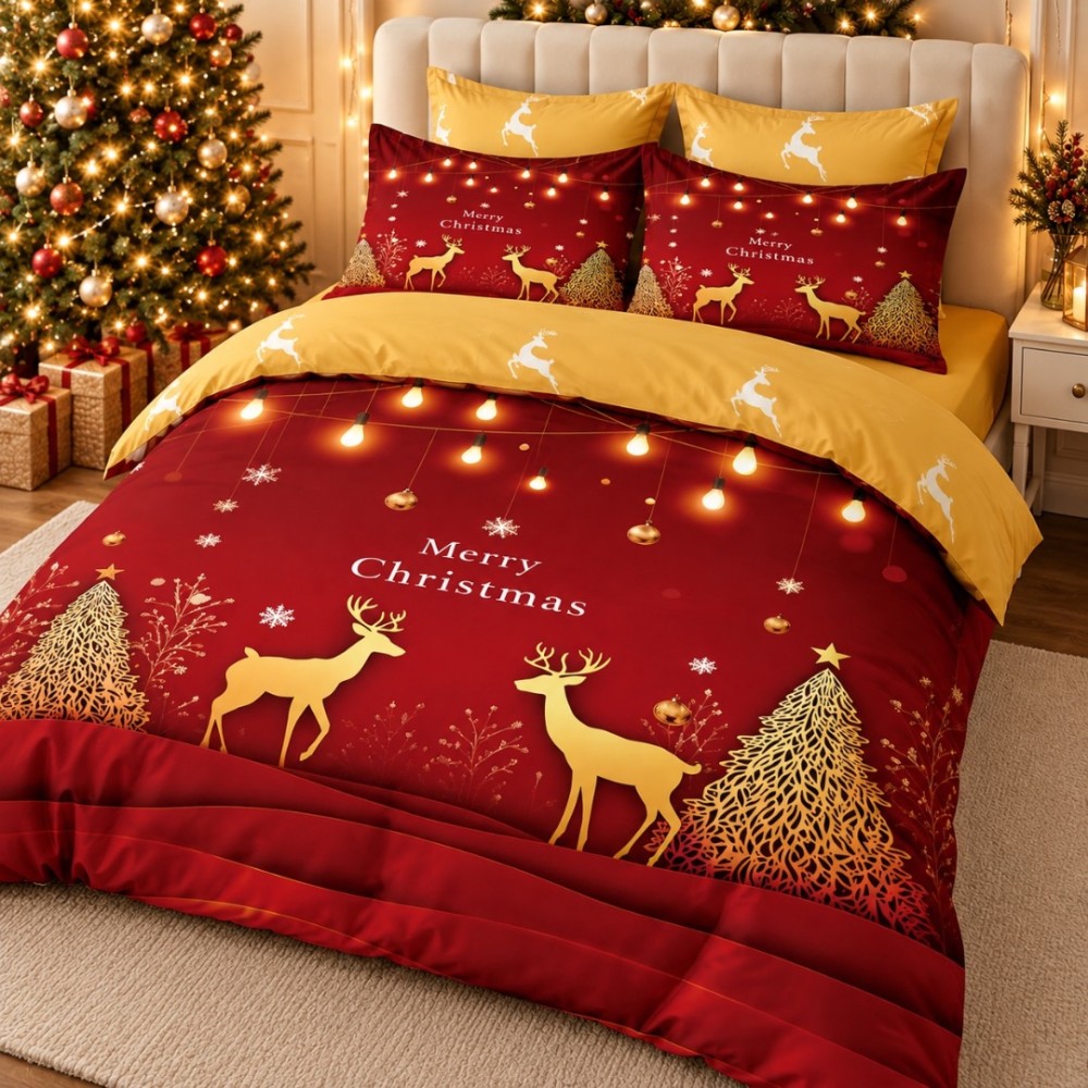 Lenjerie pat dublu, FINET, Imprimeu Digital 5D - Identic cu poza, Cu ELASTIC, 6 piese, Rosu, Bej, Reni, Merry Christmas — imaginea 2