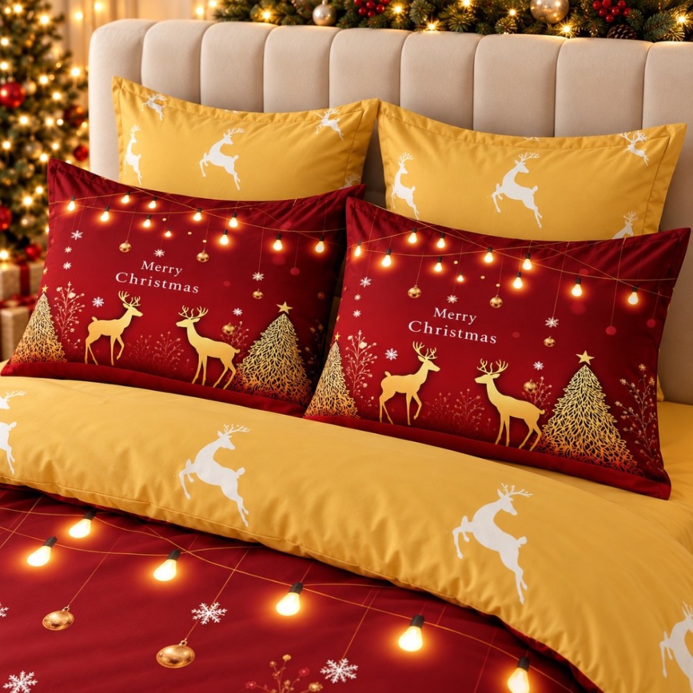 Lenjerie pat dublu, FINET, Imprimeu Digital 5D - Identic cu poza, Cu ELASTIC, 6 piese, Rosu, Bej, Reni, Merry Christmas — imaginea 3