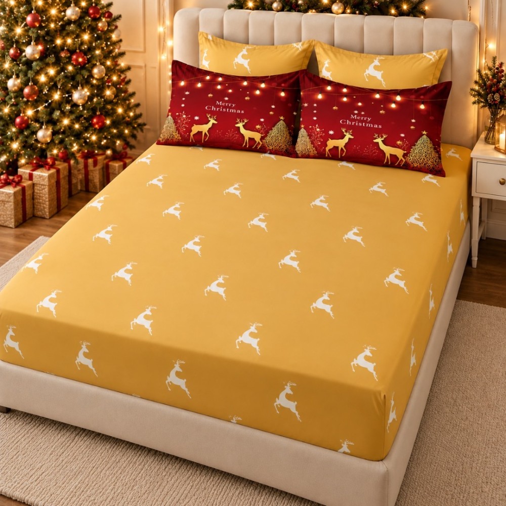 Lenjerie pat dublu, FINET, Imprimeu Digital 5D - Identic cu poza, Cu ELASTIC, 6 piese, Rosu, Bej, Reni, Merry Christmas — imaginea 4