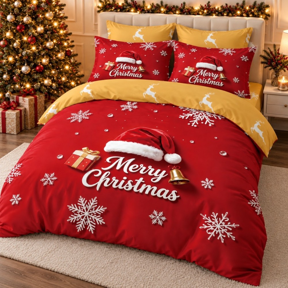 Lenjerie pat dublu, FINET, Imprimeu Digital 5D - Identic cu poza, Cu ELASTIC, 6 piese, Rosu, Bej, Merry Christmas — imaginea 2