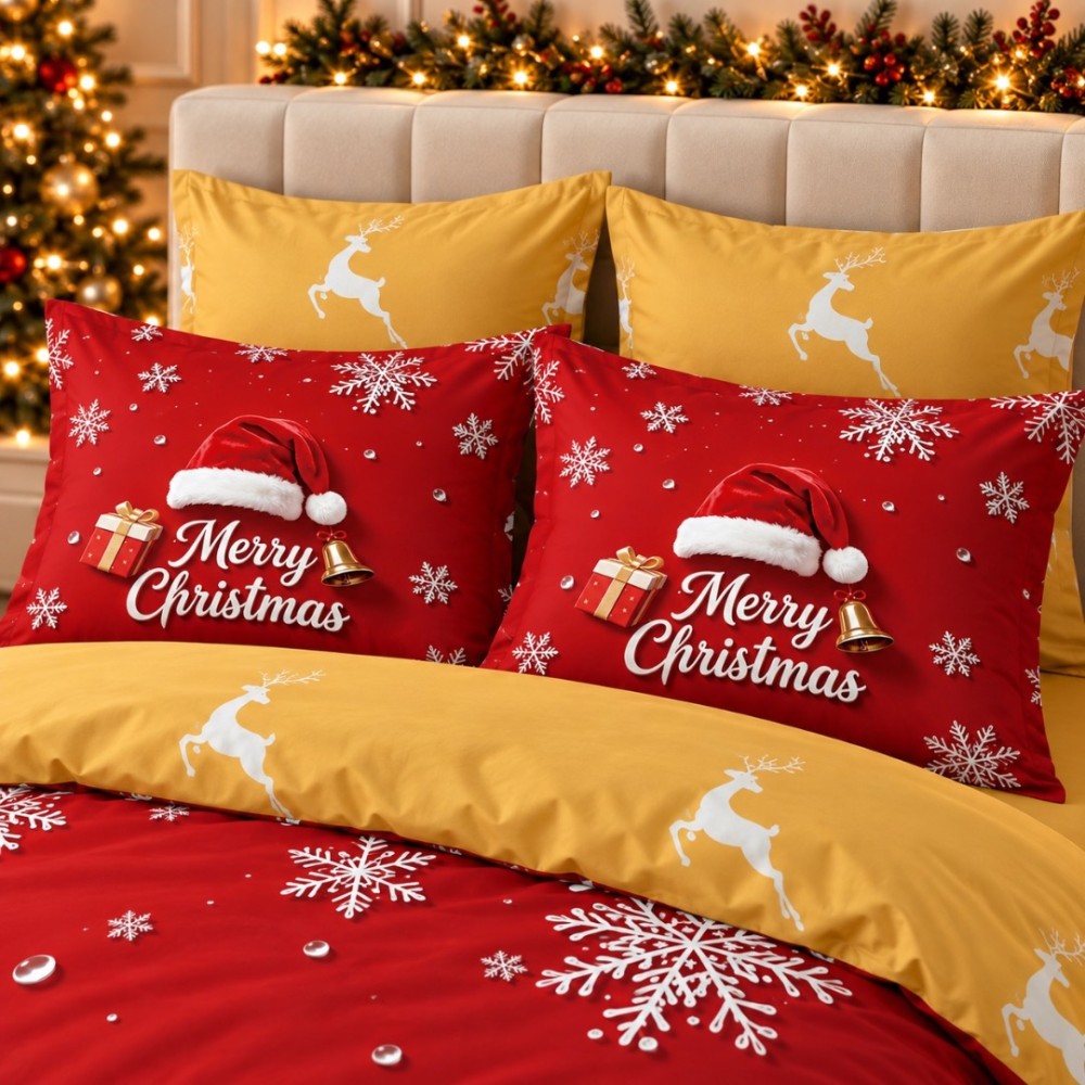 Lenjerie pat dublu, FINET, Imprimeu Digital 5D - Identic cu poza, Cu ELASTIC, 6 piese, Rosu, Bej, Merry Christmas — imaginea 3