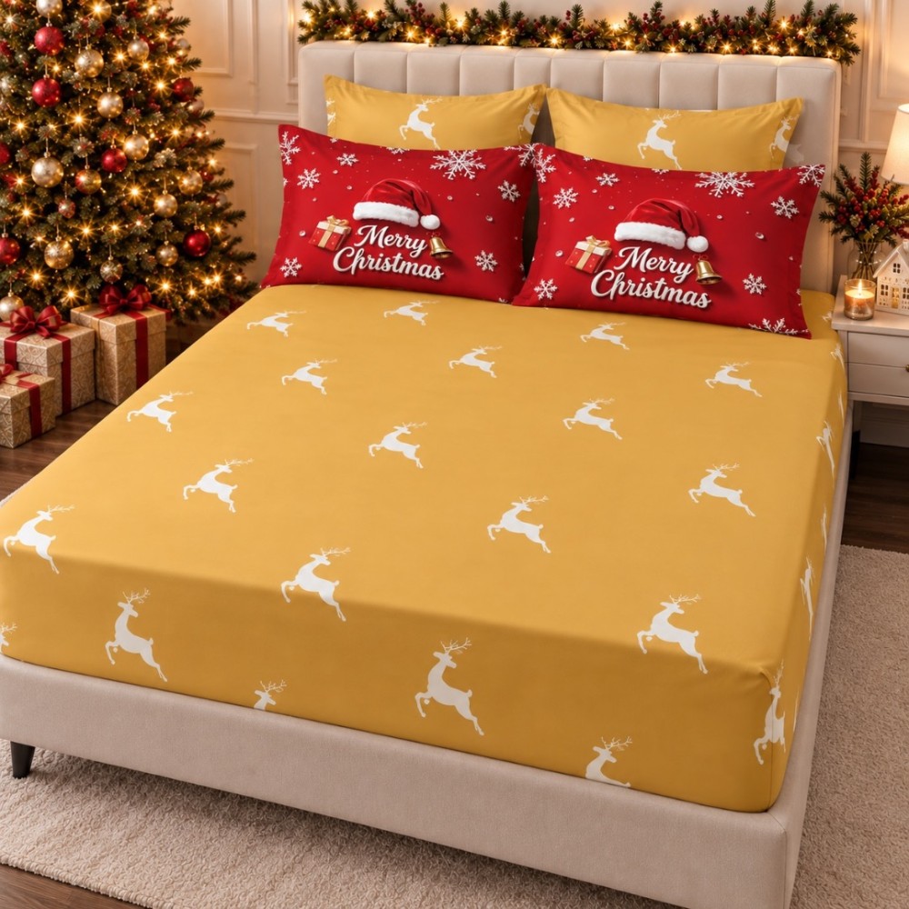 Lenjerie pat dublu, FINET, Imprimeu Digital 5D - Identic cu poza, Cu ELASTIC, 6 piese, Rosu, Bej, Merry Christmas — imaginea 4