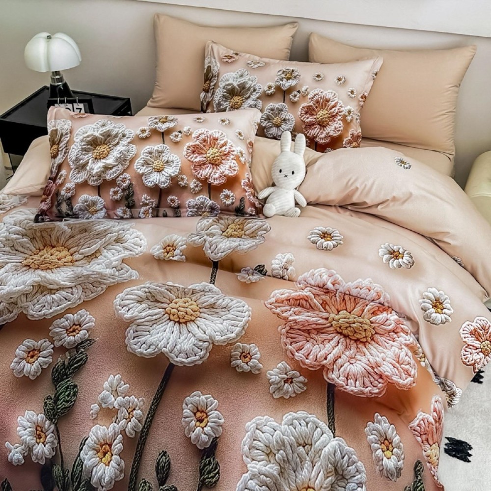Lenjerie pat dublu, FINET, Imprimeu Digital 5D - Identic cu poza, Cu ELASTIC, 6 piese, Jojo Home, Bej, Flori Tricotate — imaginea 3