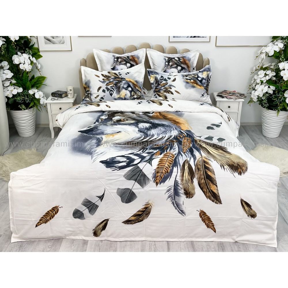 Lenjerie pat dublu, FINET, Imprimeu Digital - Identic cu poza, 6 piese, Jojo Home, Alb-Multicolor, lup — imaginea 2