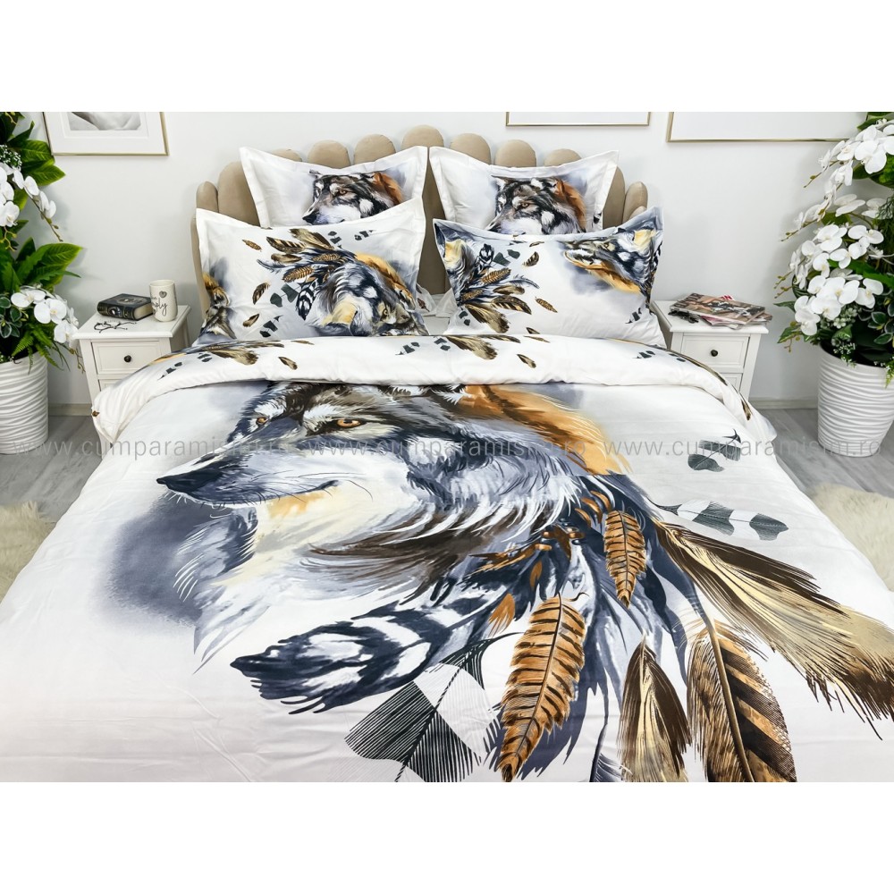 Lenjerie pat dublu, FINET, Imprimeu Digital - Identic cu poza, 6 piese, Jojo Home, Alb-Multicolor, lup — imaginea 3