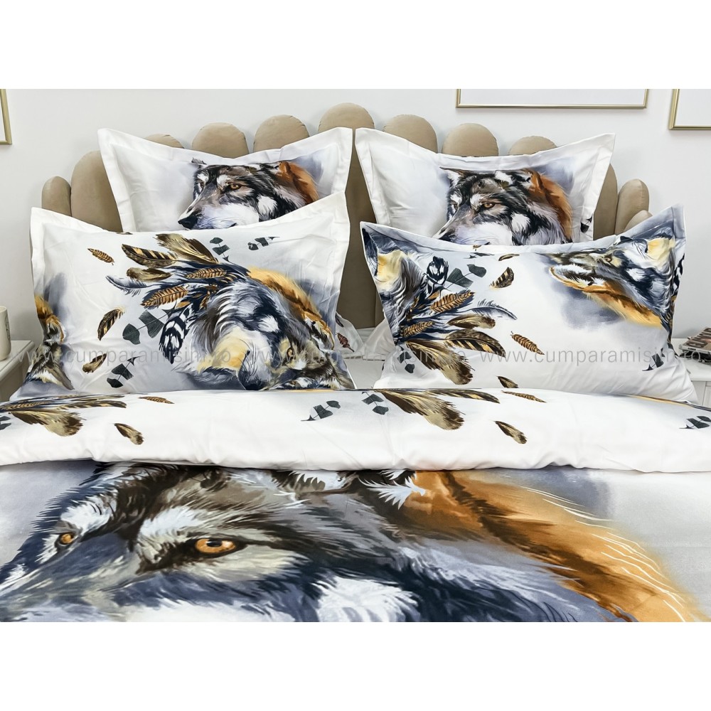 Lenjerie pat dublu, FINET, Imprimeu Digital - Identic cu poza, 6 piese, Jojo Home, Alb-Multicolor, lup — imaginea 4