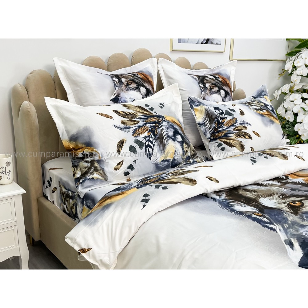Lenjerie pat dublu, FINET, Imprimeu Digital - Identic cu poza, 6 piese, Jojo Home, Alb-Multicolor, lup — imaginea 5