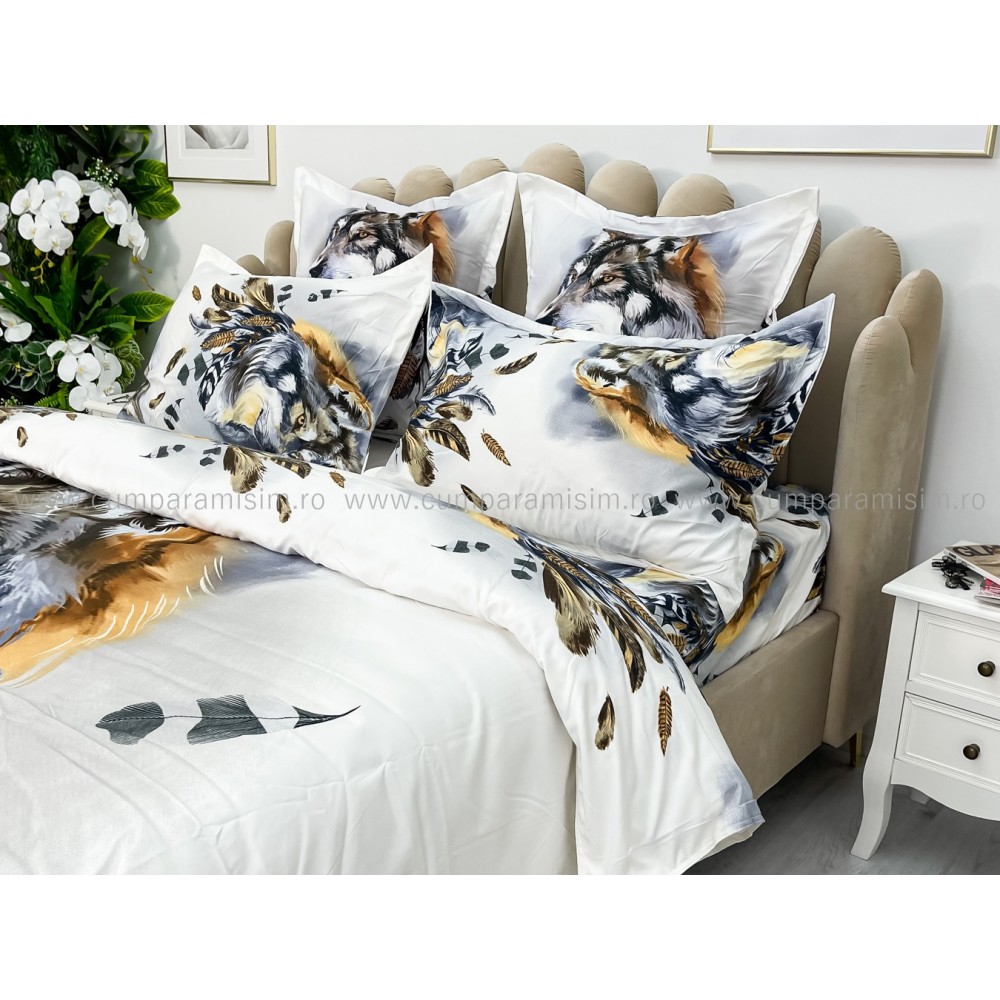 Lenjerie pat dublu, FINET, Imprimeu Digital - Identic cu poza, 6 piese, Jojo Home, Alb-Multicolor, lup — imaginea 6