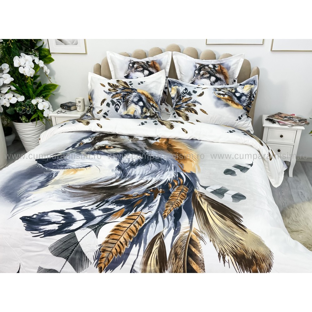 Lenjerie pat dublu, FINET, Imprimeu Digital - Identic cu poza, 6 piese, Jojo Home, Alb-Multicolor, lup — imaginea 7