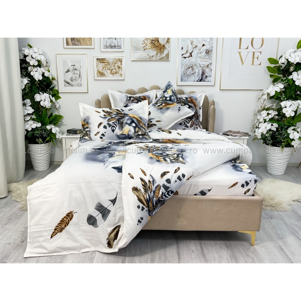 Lenjerie pat dublu, FINET, Imprimeu Digital - Identic cu poza, 6 piese, Jojo Home, Alb-Multicolor, lup — imaginea 8