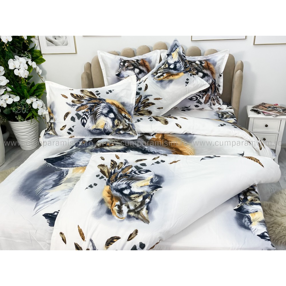 Lenjerie pat dublu, FINET, Imprimeu Digital - Identic cu poza, 6 piese, Jojo Home, Alb-Multicolor, lup — imaginea 9