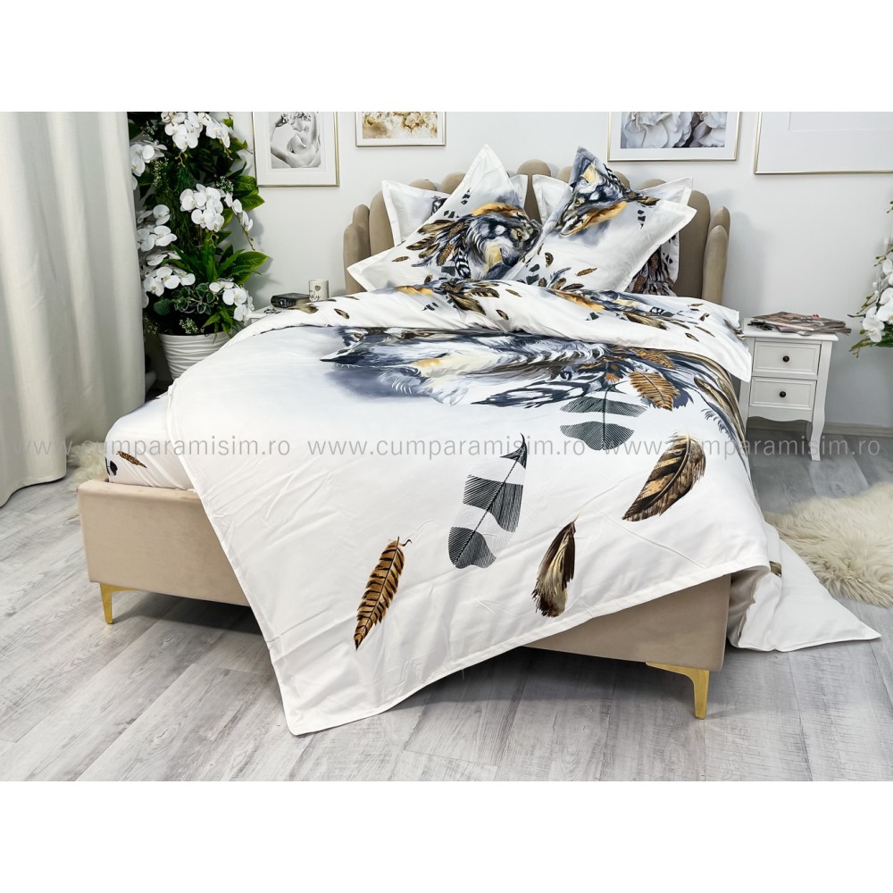Lenjerie pat dublu, FINET, Imprimeu Digital - Identic cu poza, 6 piese, Jojo Home, Alb-Multicolor, lup — imaginea 10