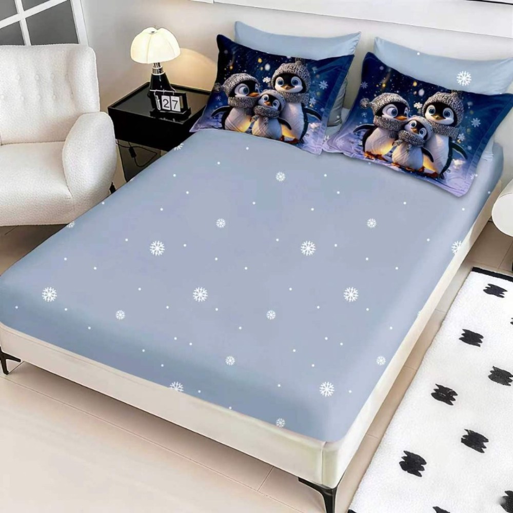 Lenjerie pat dublu, FINET, Digital Print, Craciun, Albastru, pinguini – imagine 3