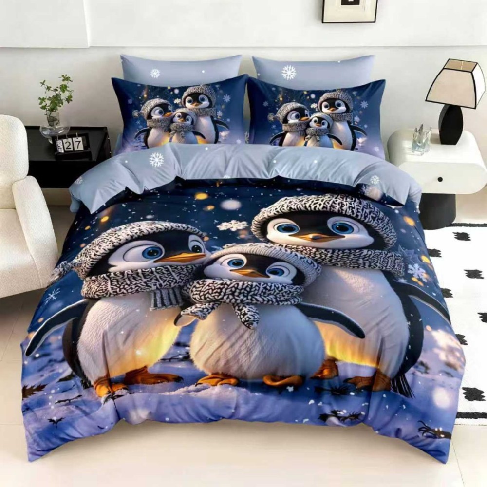 Lenjerie pat dublu, FINET, Digital Print, Craciun, Albastru, pinguini – imagine 4