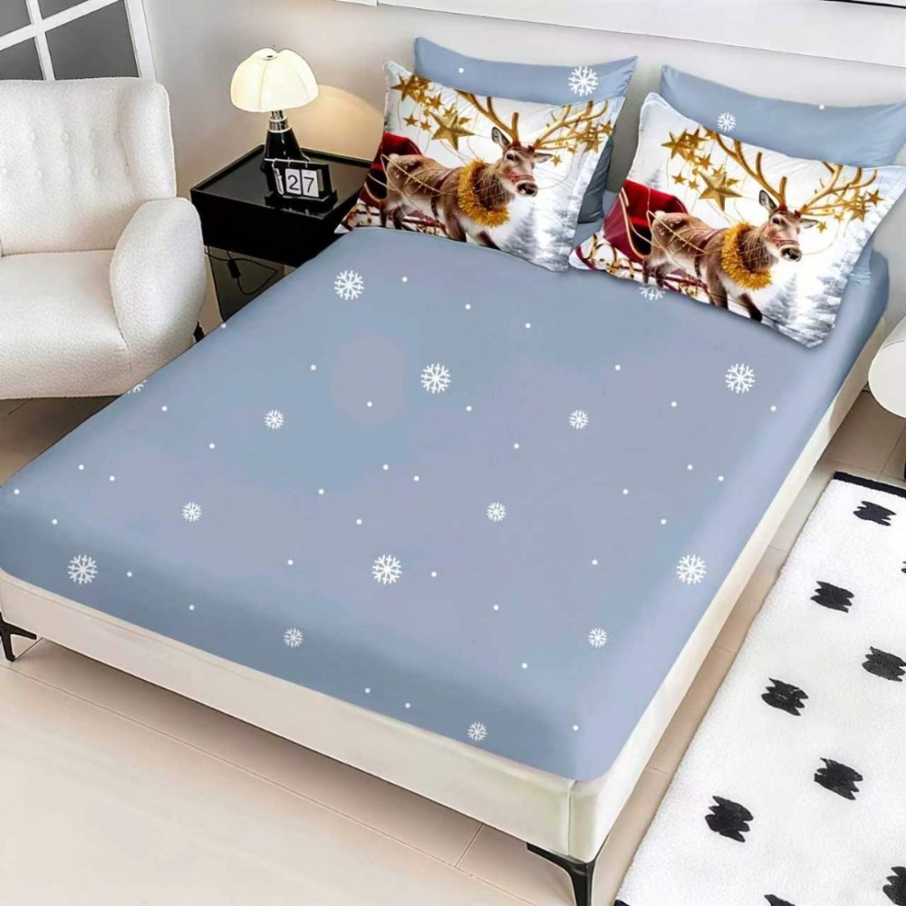 Lenjerie pat dublu, FINET, Digital Print, Craciun, Gri albastrui, renul cu sania – imagine 2