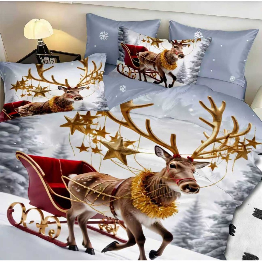 Lenjerie pat dublu, FINET, Digital Print, Craciun, Gri albastrui, renul cu sania – imagine 3