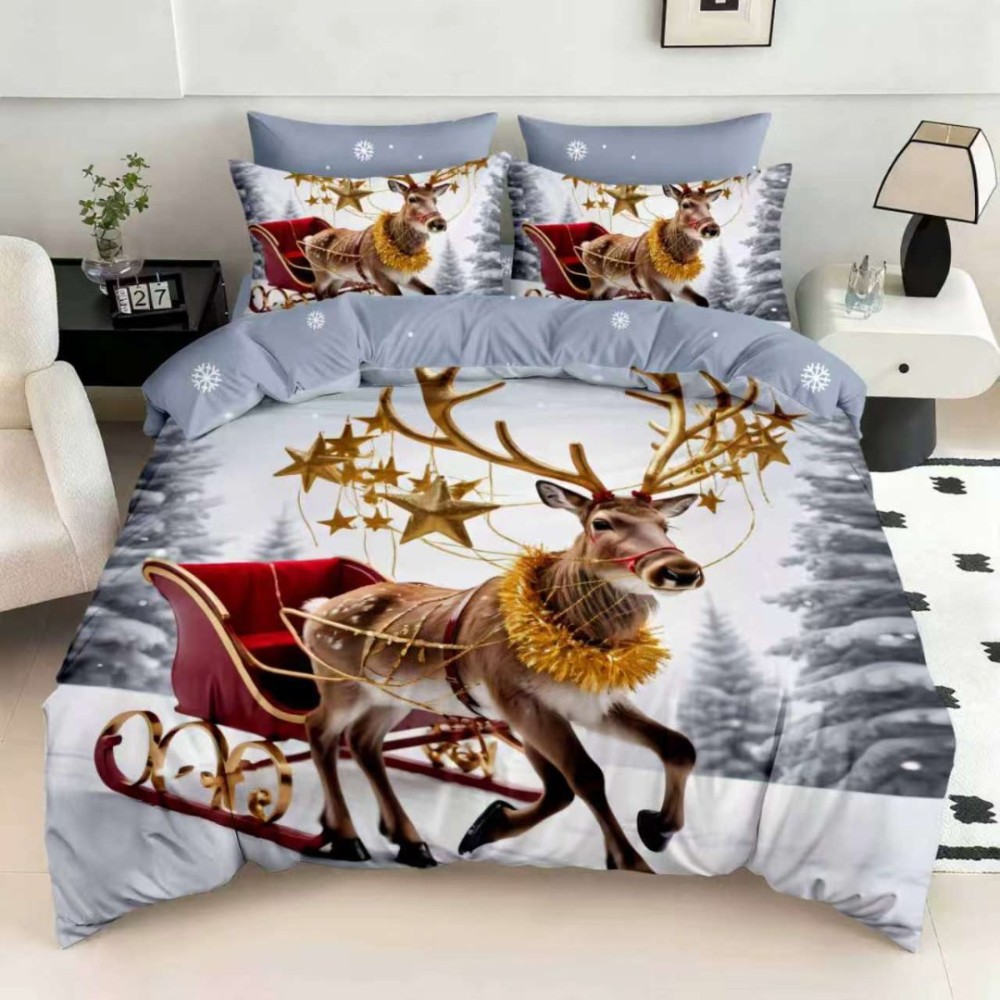 Lenjerie pat dublu, FINET, Digital Print, Craciun, Gri albastrui, renul cu sania – imagine 4