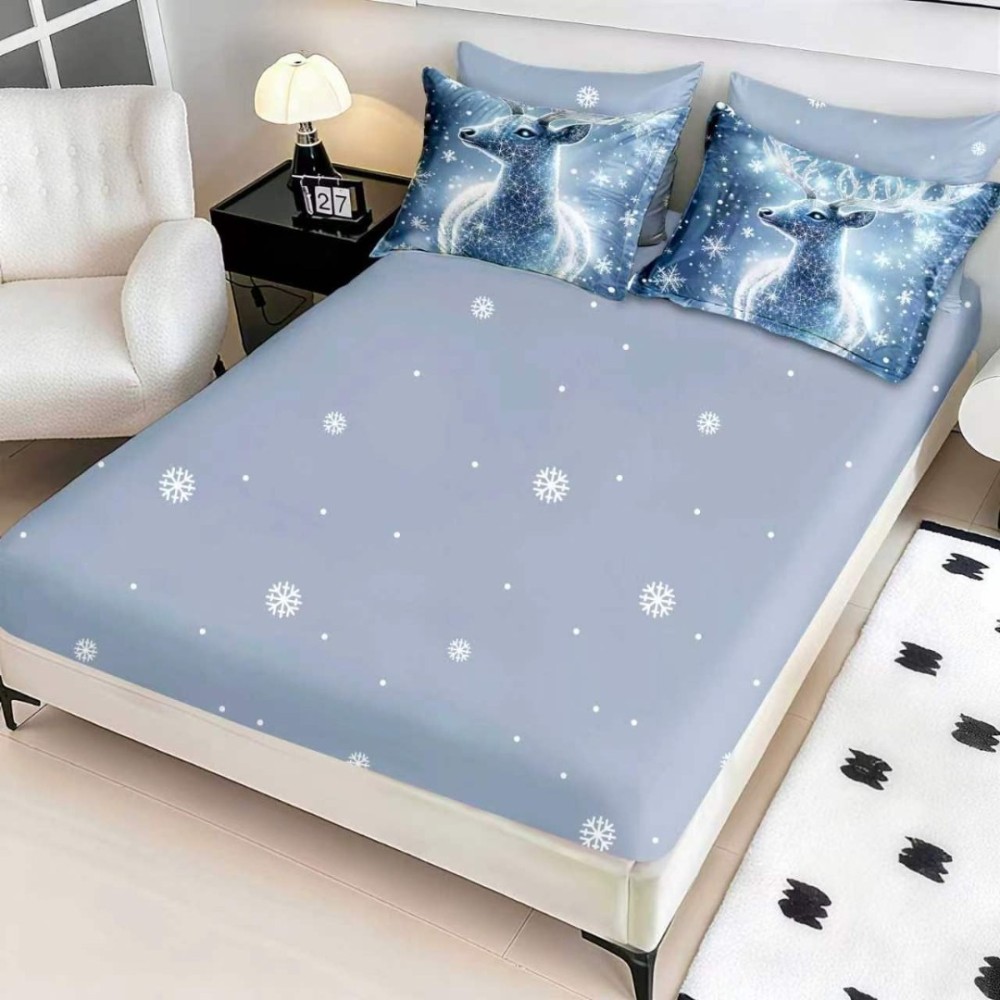 Lenjerie pat dublu, FINET, Digital Print, Craciun, Albastru, ren in zapada – imagine 2