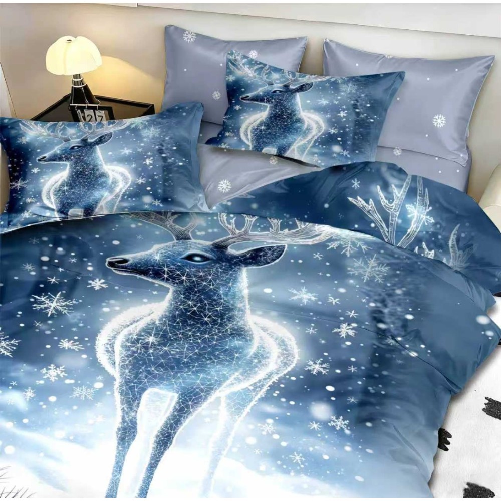 Lenjerie pat dublu, FINET, Digital Print, Craciun, Albastru, ren in zapada – imagine 3