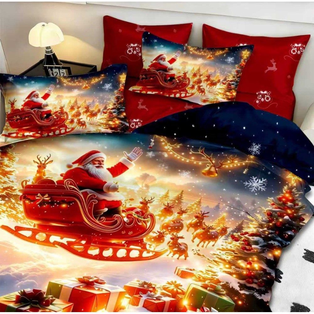 Lenjerie pat dublu, FINET, Digital Print, Craciun, Rosu, Galben, Mos Craciun in sanie — imaginea 3
